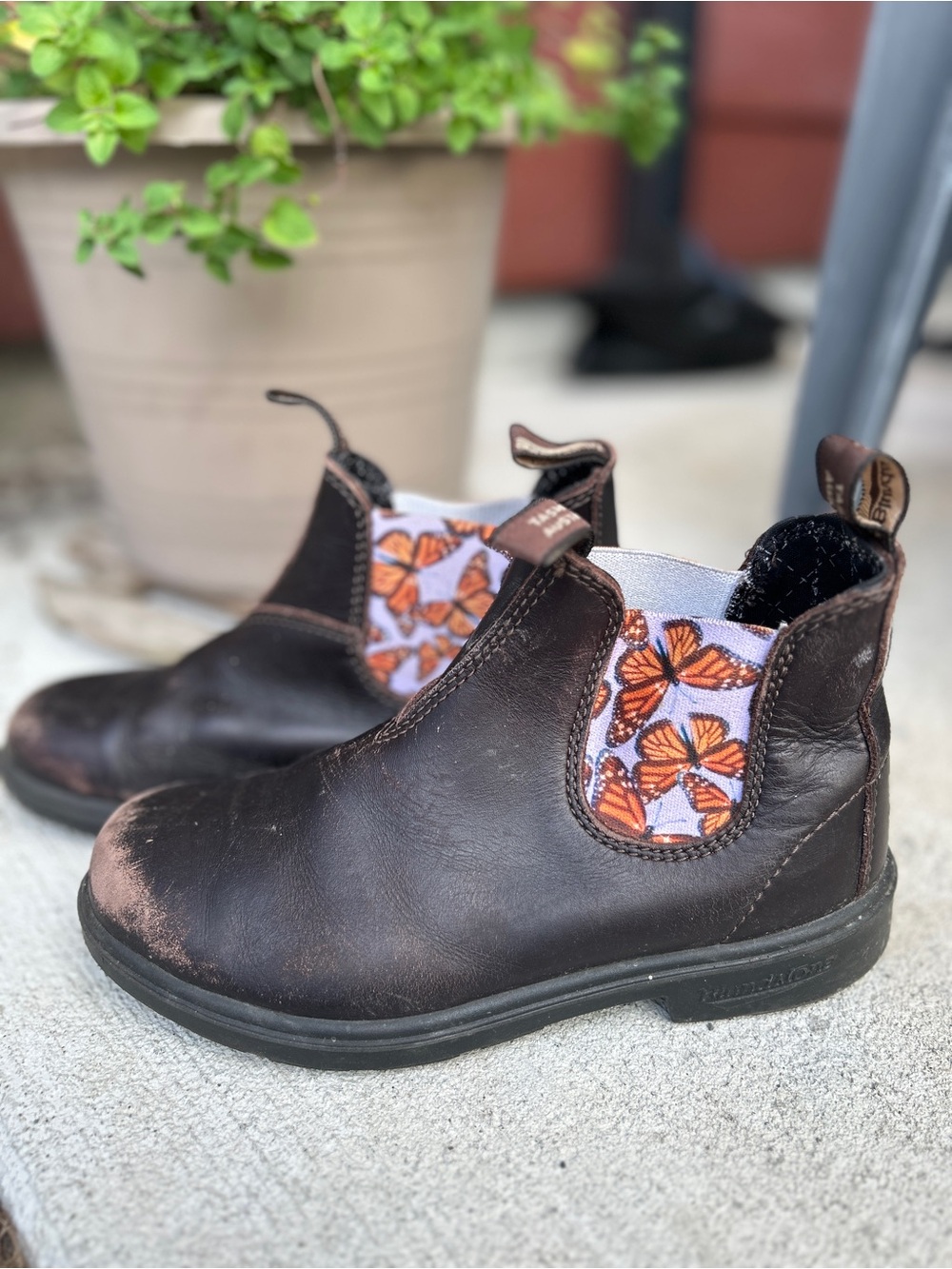 Kids Brown Leather Chelsea Boots with Orange Butterfly Panel